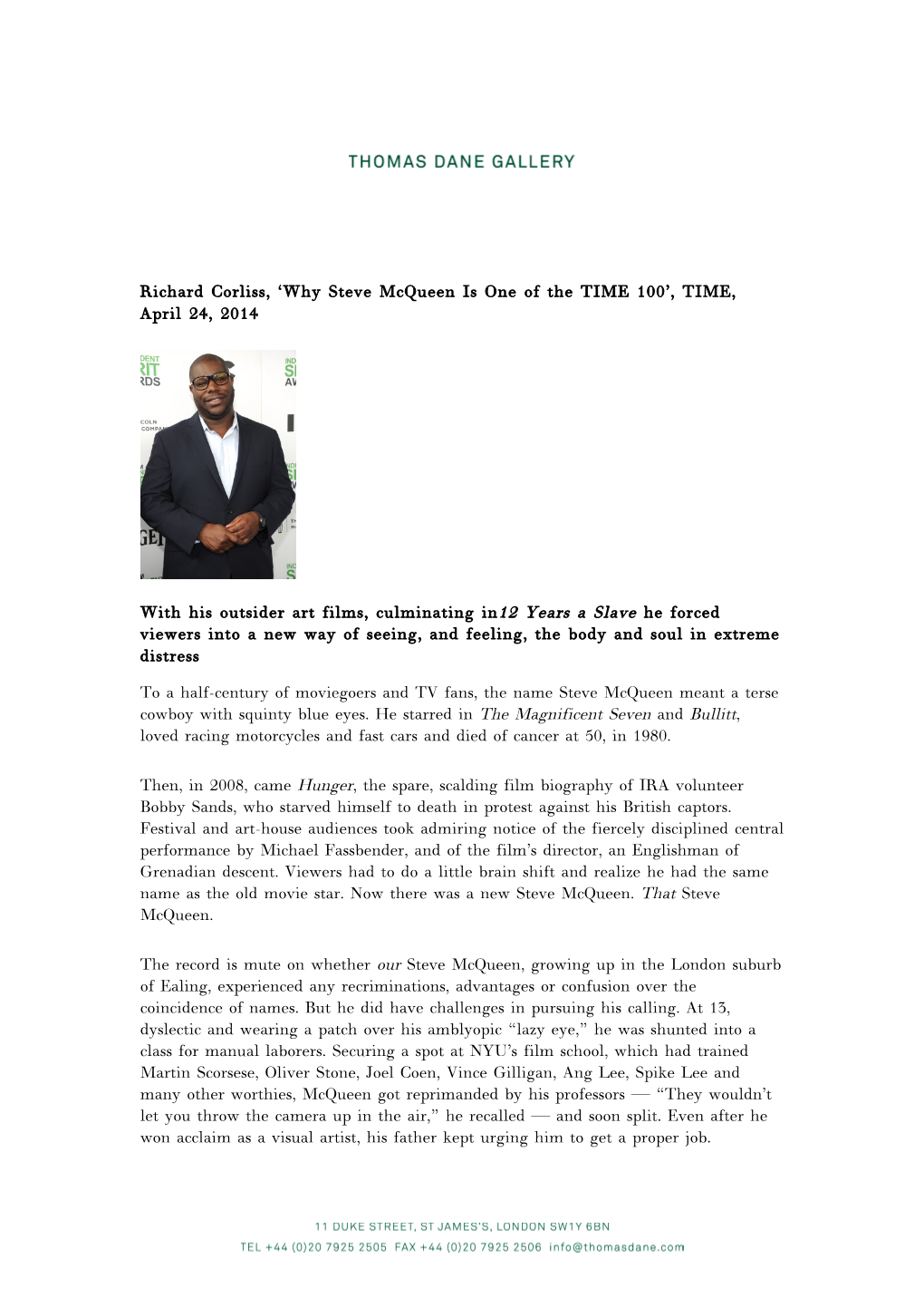 Richard Corliss, ‘Why Steve Mcqueen Is One of the TIME 100’, TIME, April 24, 2014