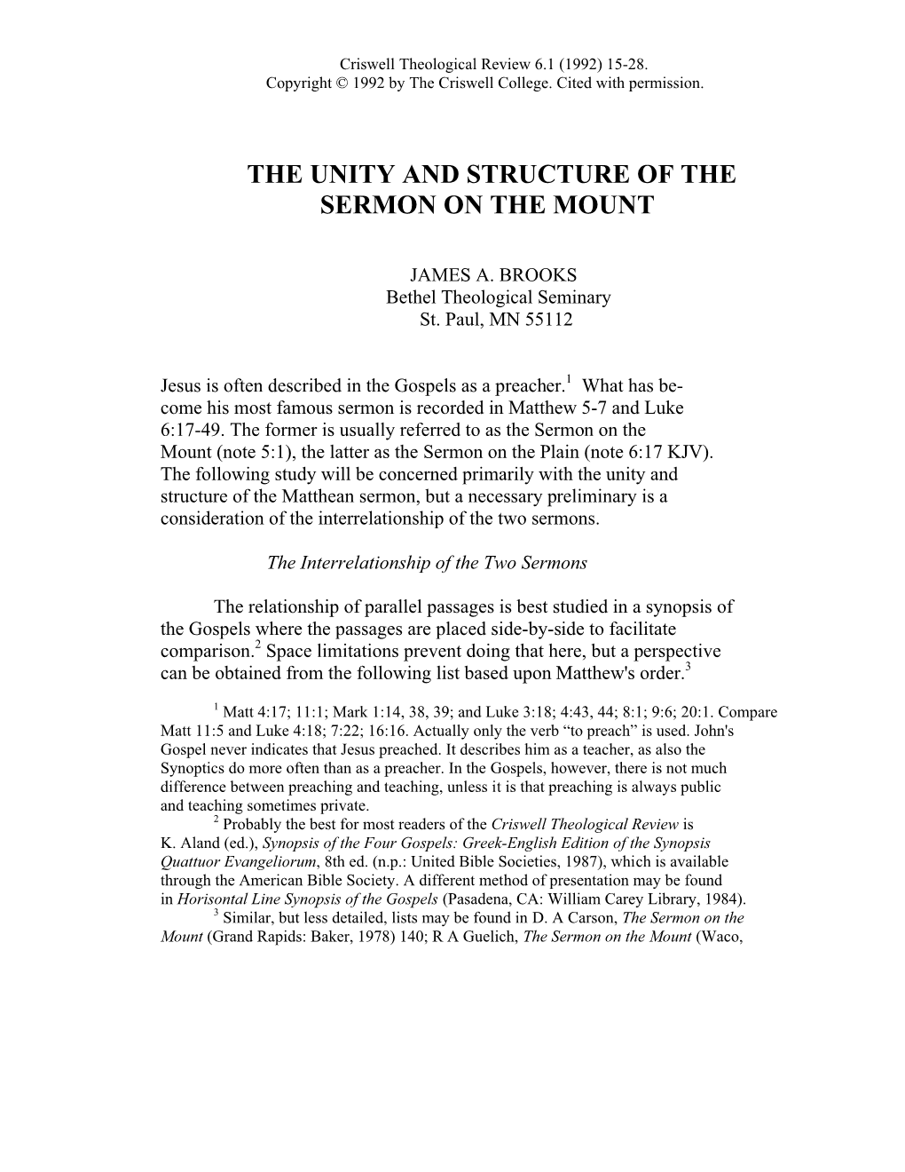 The Unity and Structure of the Sermon on the Mount