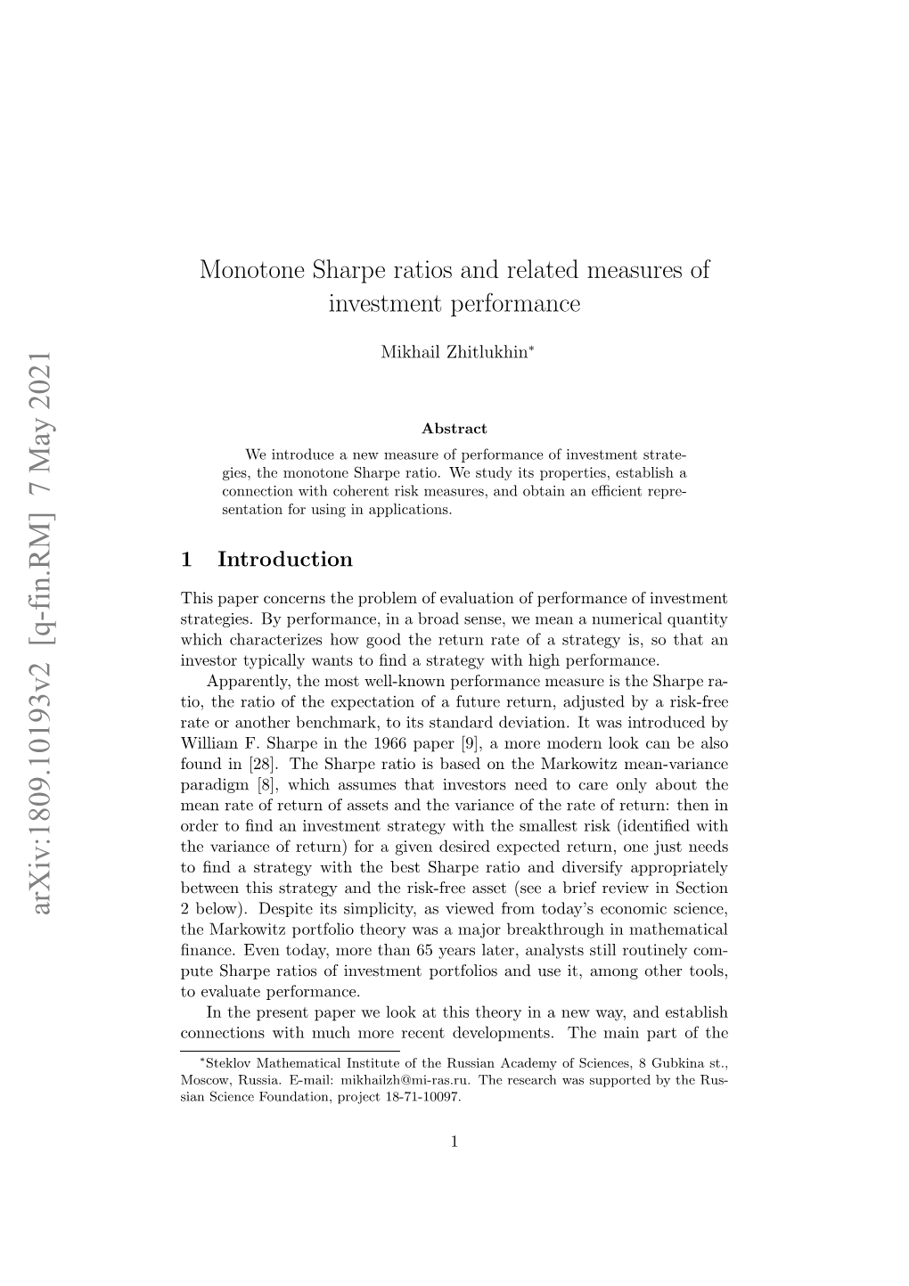 Monotone Sharpe Ratios and Related Measures of Investment Performance