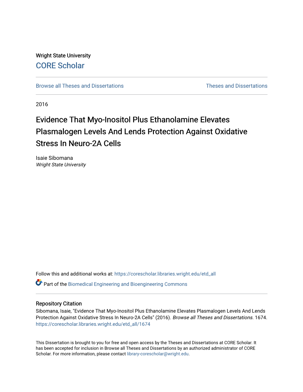 Evidence That Myo-Inositol Plus Ethanolamine Elevates Plasmalogen Levels and Lends Protection Against Oxidative Stress in Neuro-2A Cells