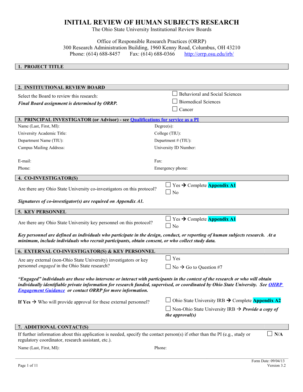 Application for Initial Review of Human Subjects Research