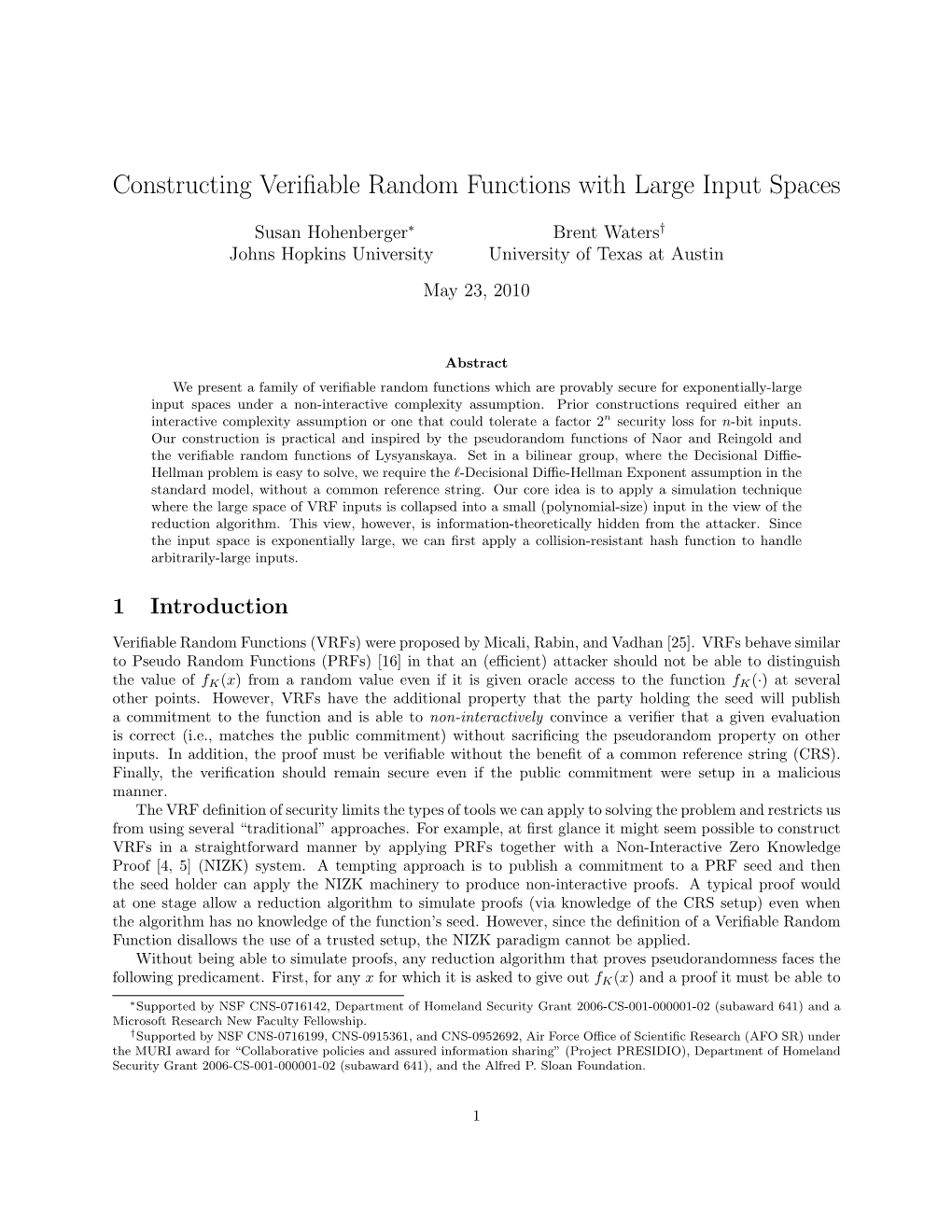 Constructing Verifiable Random Functions with Large Input Spaces