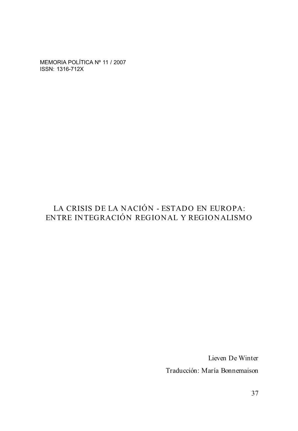 La Crisis De La Nación -Estado En Europa: Entre Integración Regional Y Regionalismo