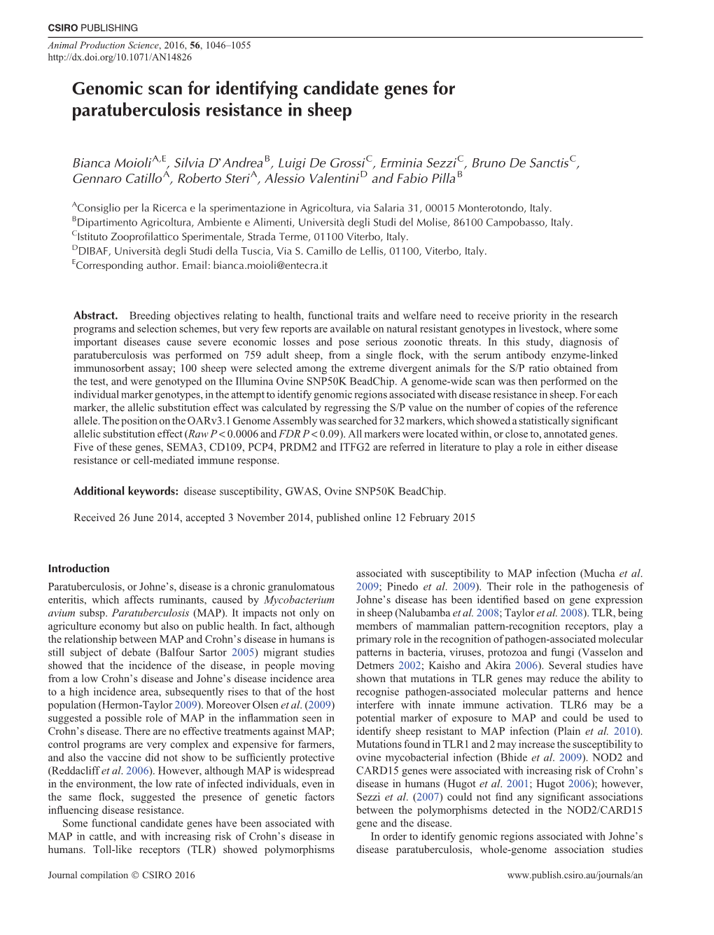 Genomic Scan for Identifying Candidate Genes for Paratuberculosis Resistance in Sheep