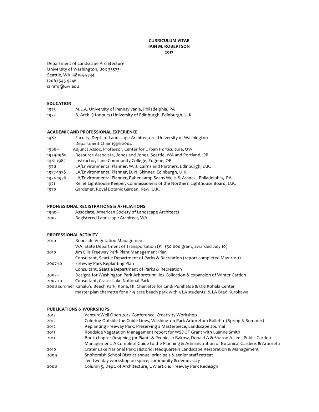 CURRICULUM VITAE IAIN M. ROBERTSON 2017 Department Of