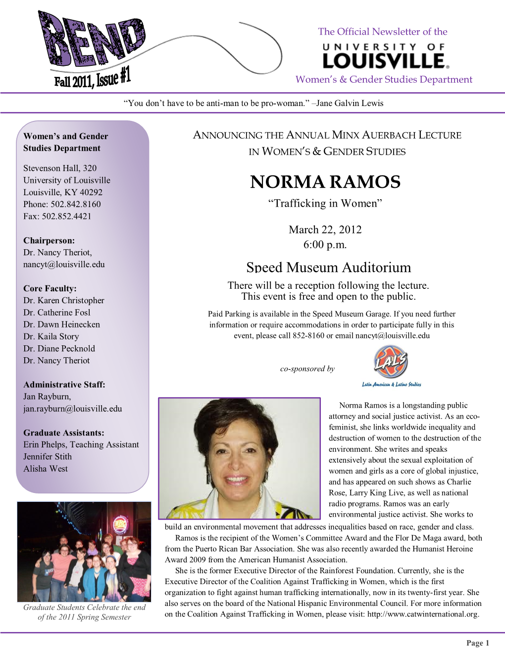 NORMA RAMOS Phone: 502.842.8160 “Trafficking in Women” Fax: 502.852.4421 March 22, 2012 Chairperson: 6:00 P.M