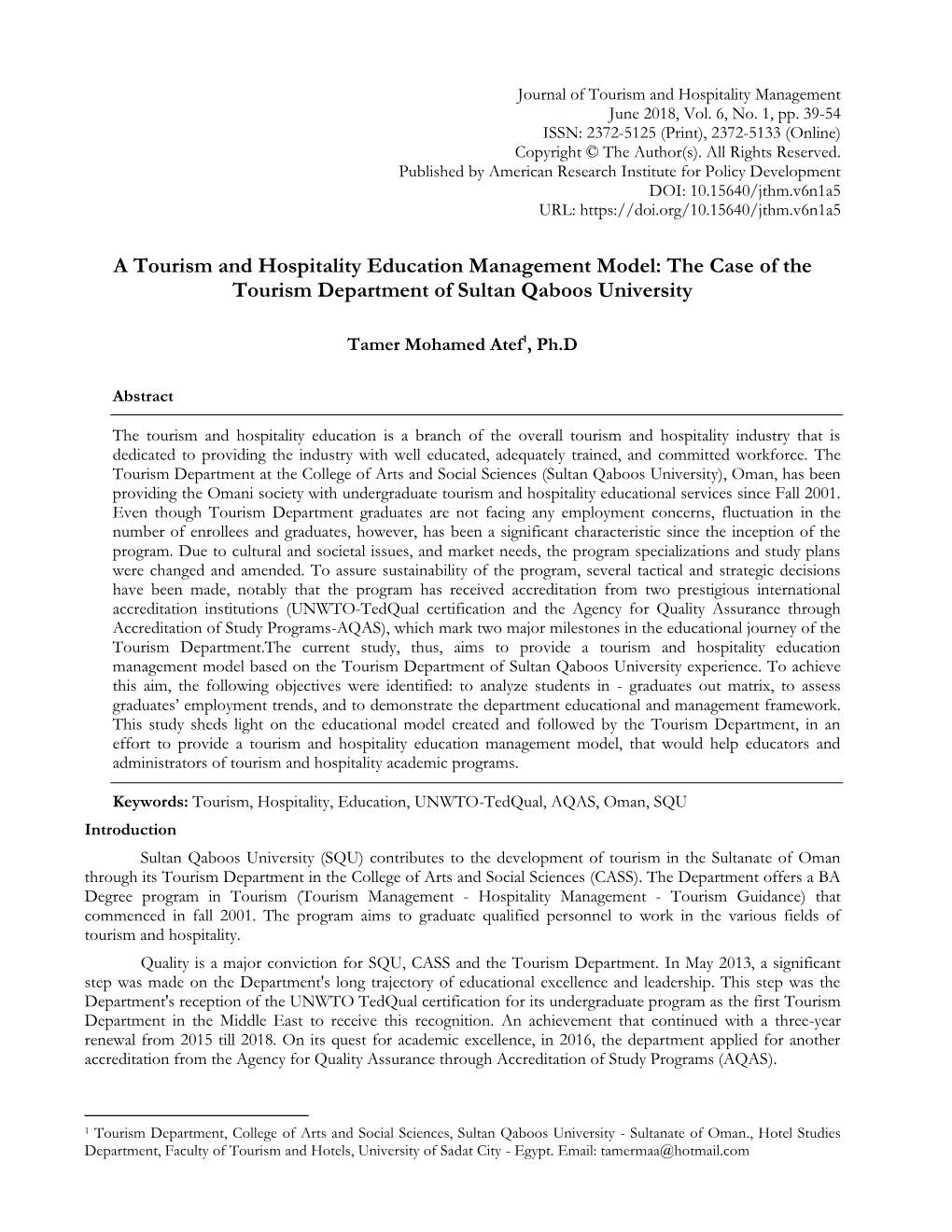 The Case of the Tourism Department of Sultan Qaboos University