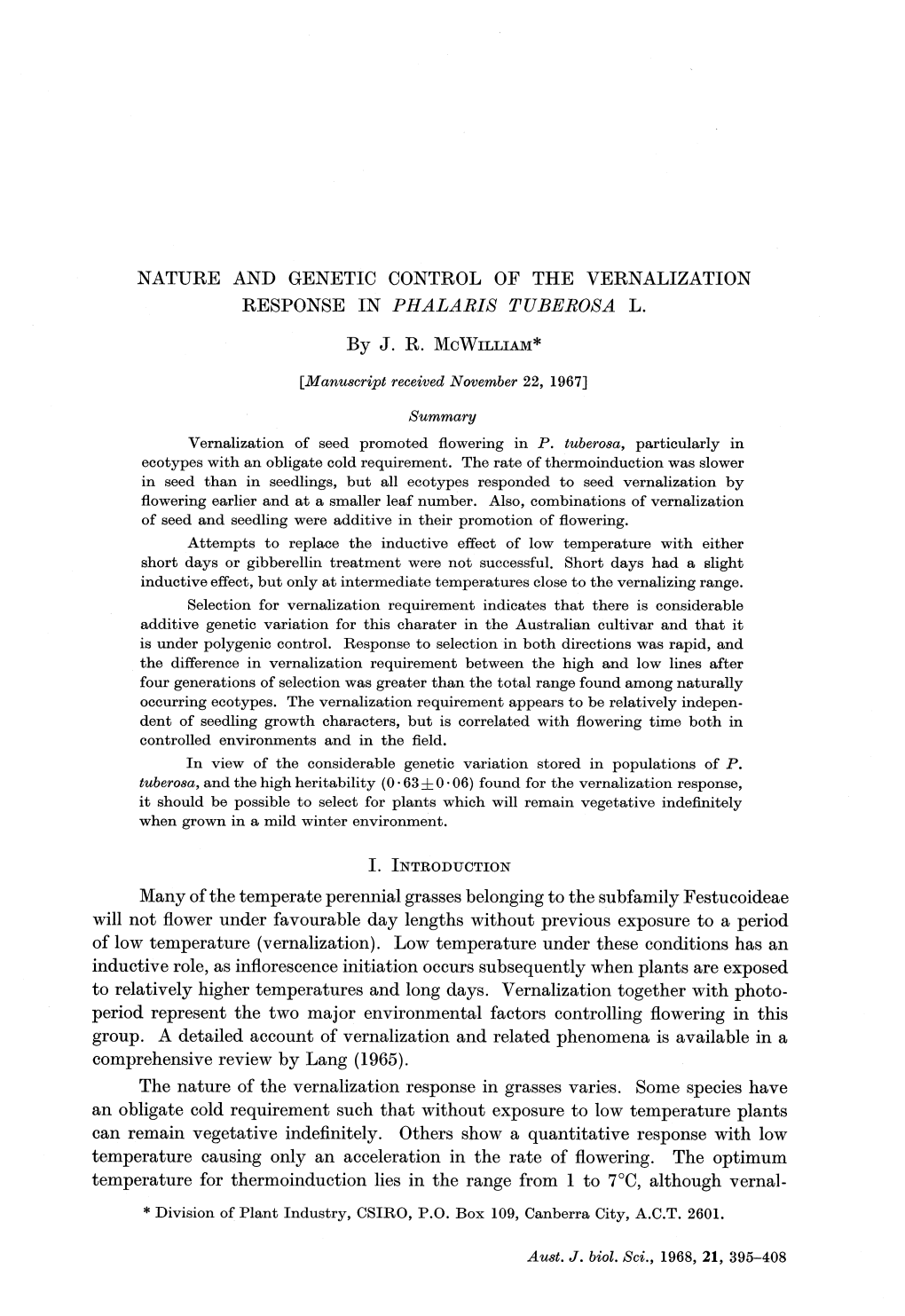 Nature and Genetic Control of the Vernalization Response in Phalaris Tuberosa L