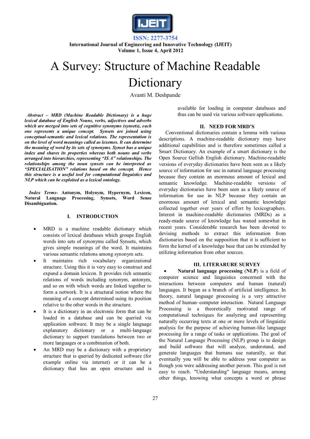 Structure of Machine Readable Dictionary Avanti M