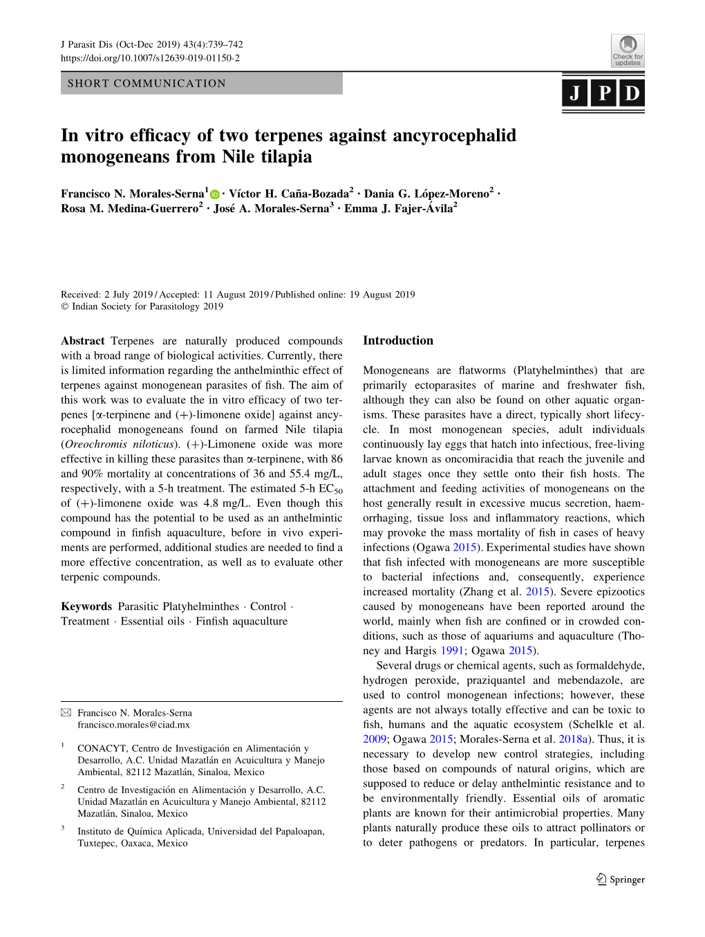 In Vitro Efficacy of Two Terpenes Against Ancyrocephalid Monogeneans