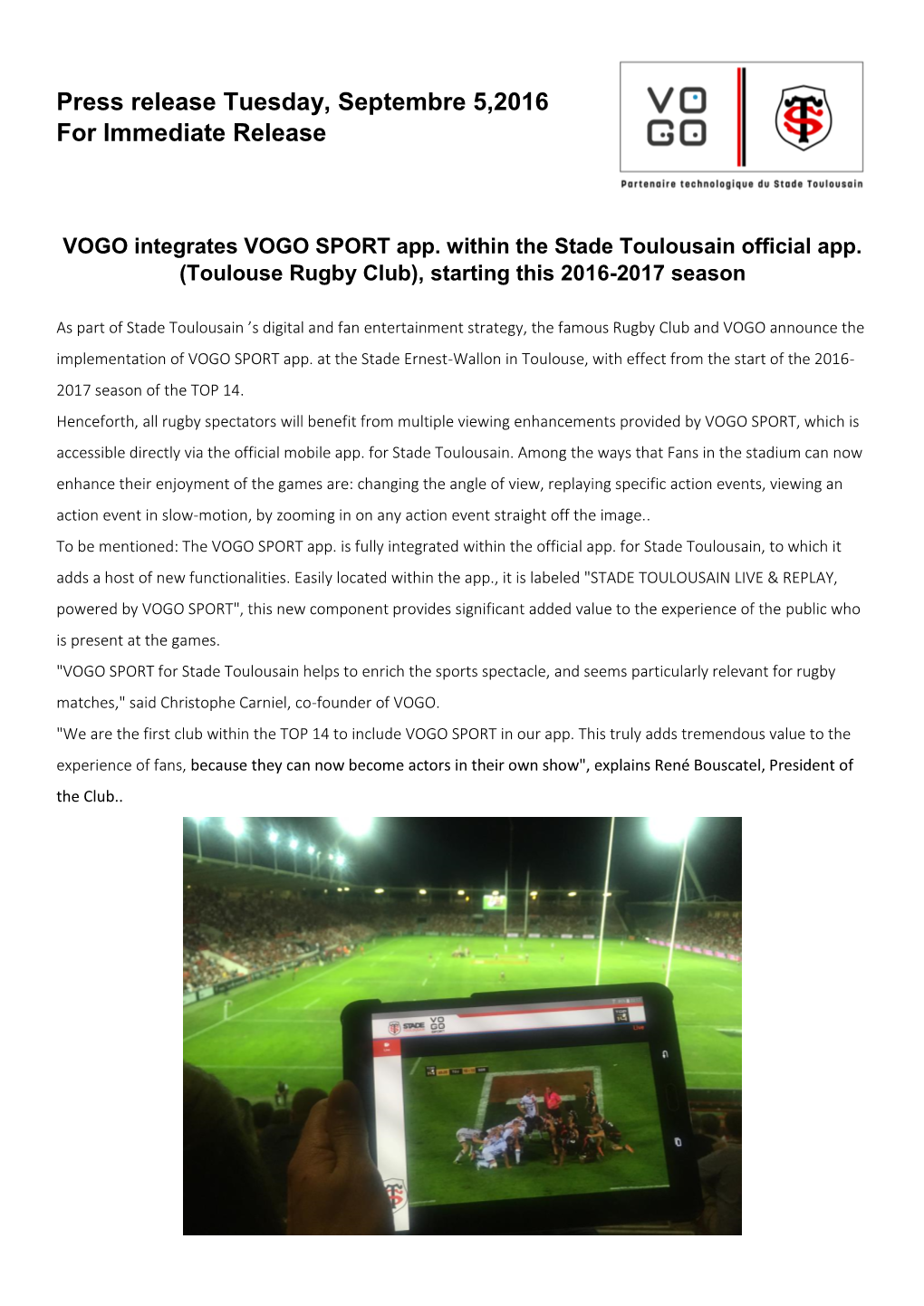 VOGO Integrates VOGO SPORT App. Within the Stade Toulousain Official App
