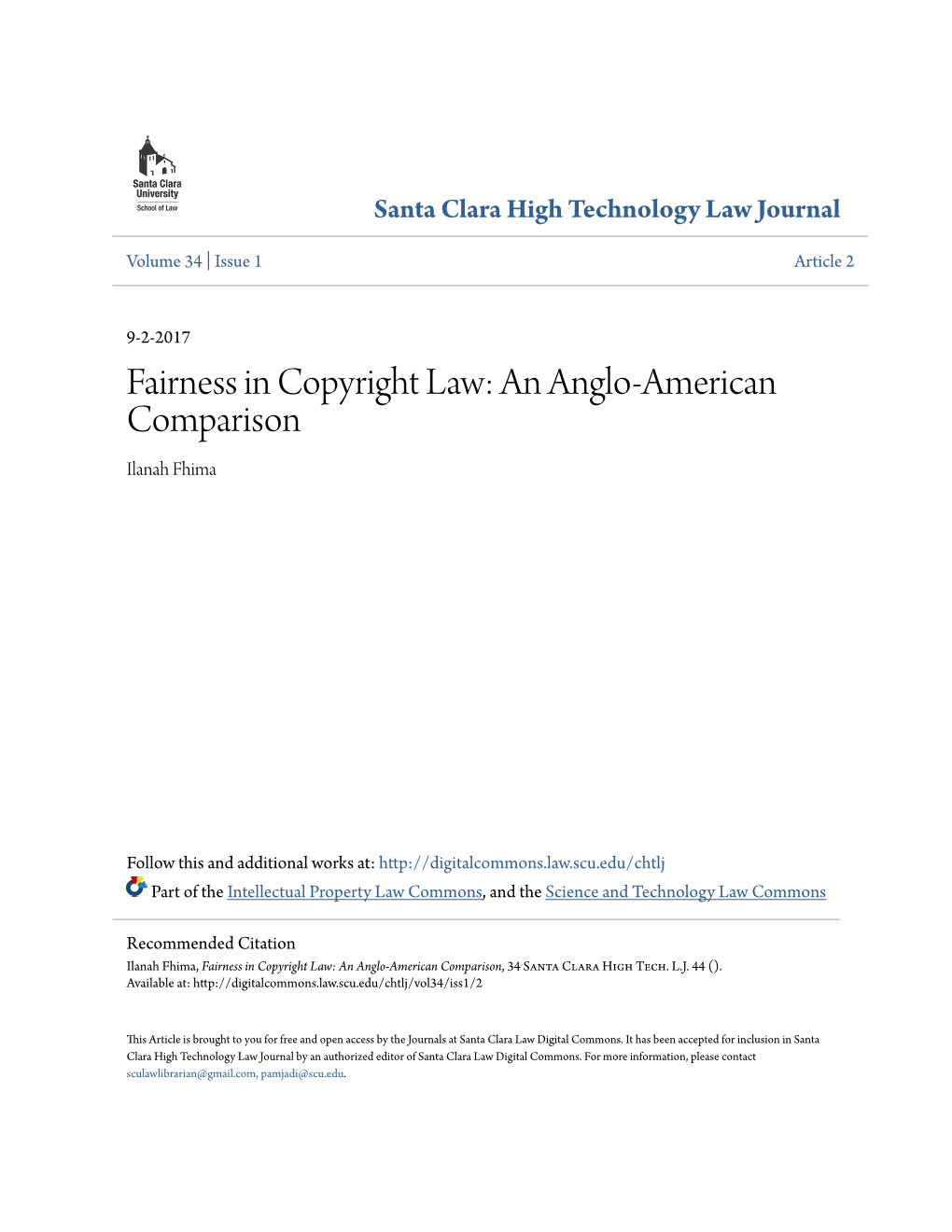 Fairness in Copyright Law: an Anglo-American Comparison Ilanah Fhima