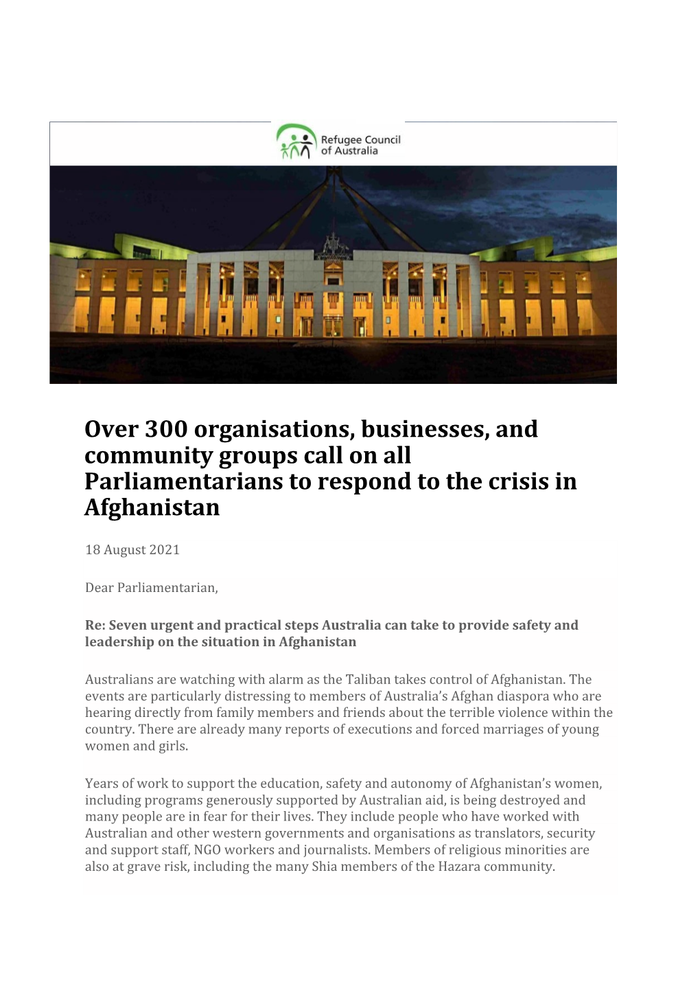 Over 300 Organisations, Businesses, and Community Groups Call on All Parliamentarians to Respond to the Crisis in Afghanistan