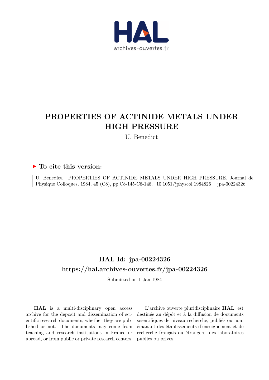 Properties of Actinide Metals Under High Pressure U