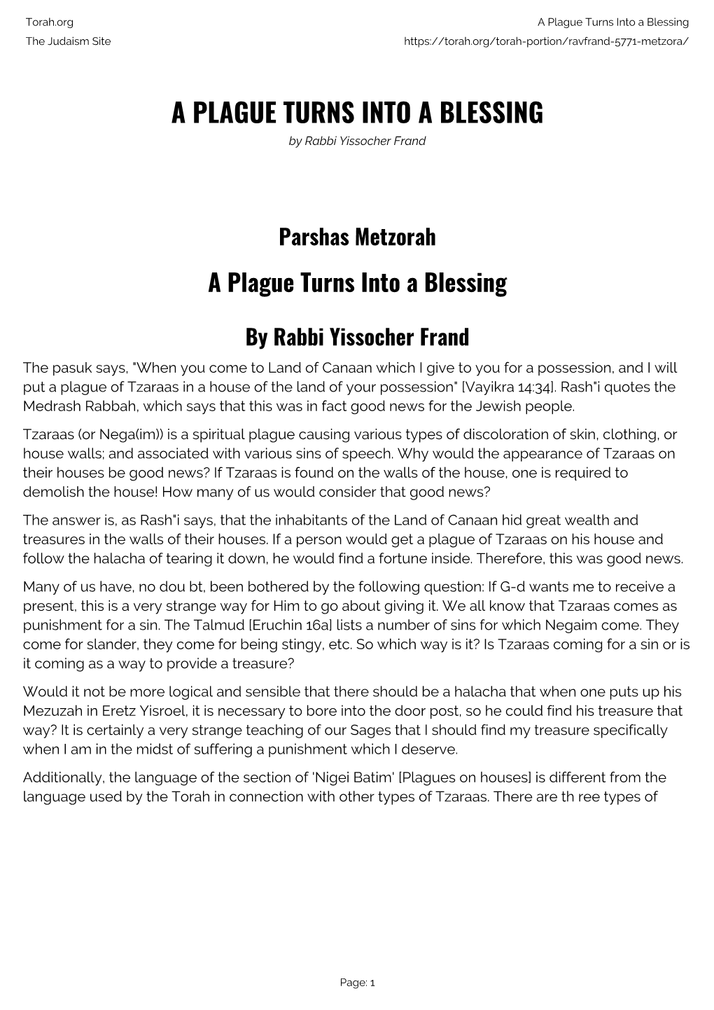 A Plague Turns Into a Blessing the Judaism Site