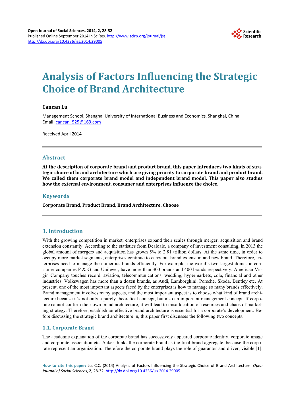 Analysis of Factors Influencing the Strategic Choice of Brand Architecture