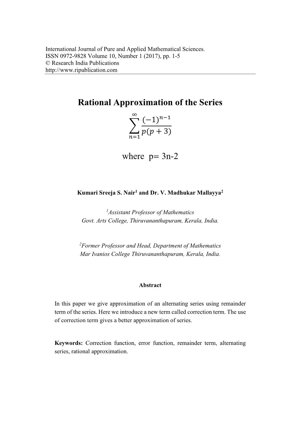 Rational Approximation of the Series ∞ (−1)푛−1 ∑ 푝(푝 + 3) 푛=1