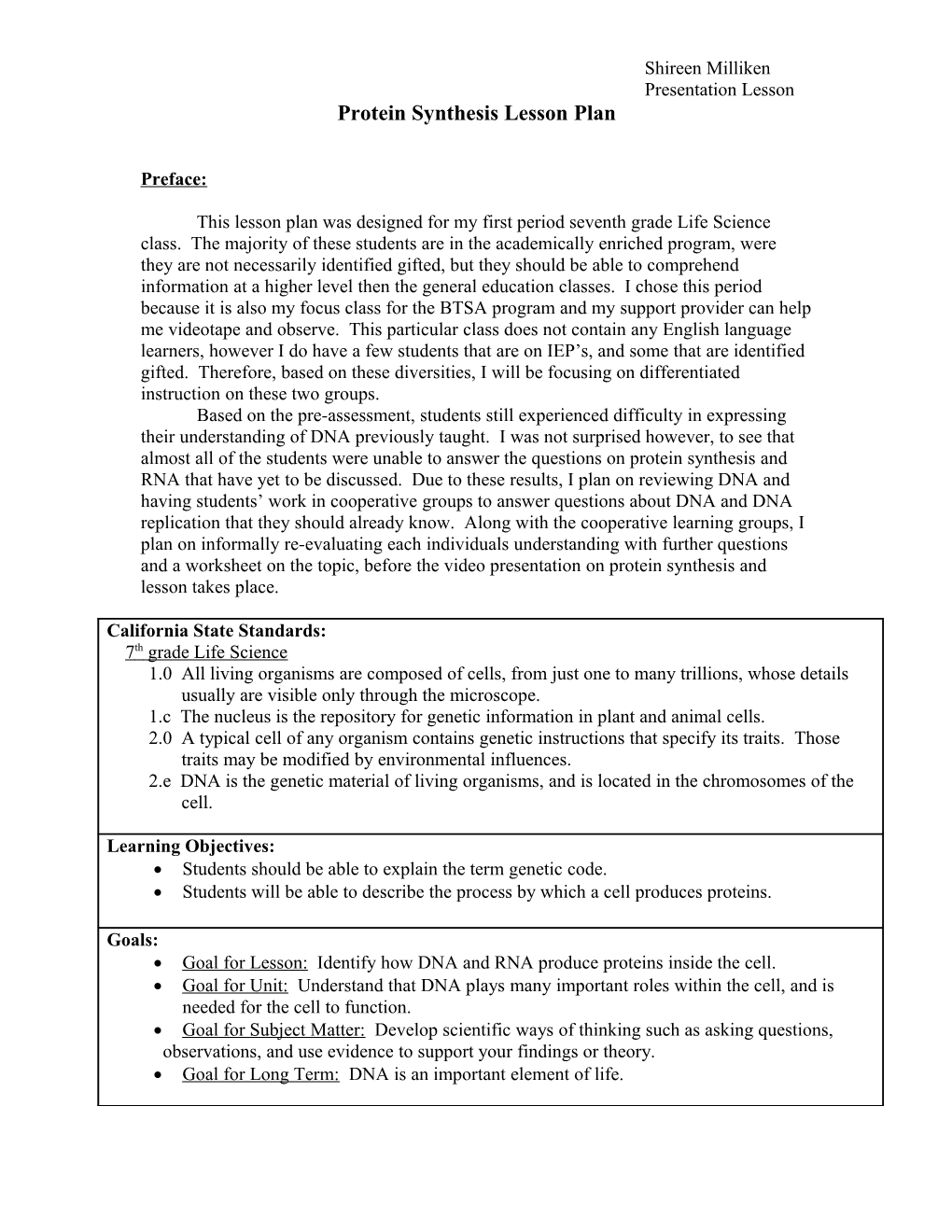 Protein Synthesis Lesson Plan