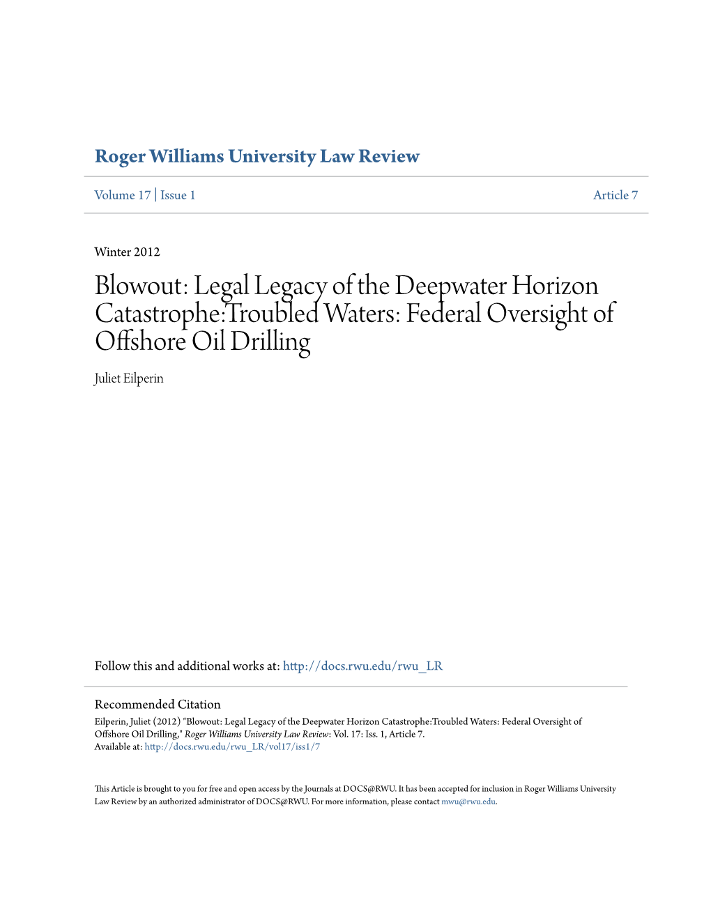 Federal Oversight of Offshore Oil Drilling Juliet Eilperin