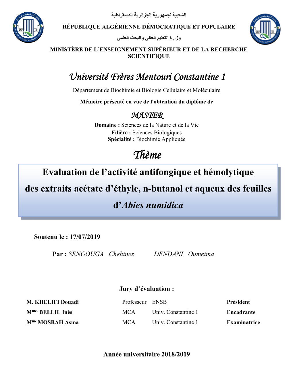 Evaluation De L'activité Antifongique Et Hémolytique Des Extraits Acétate D