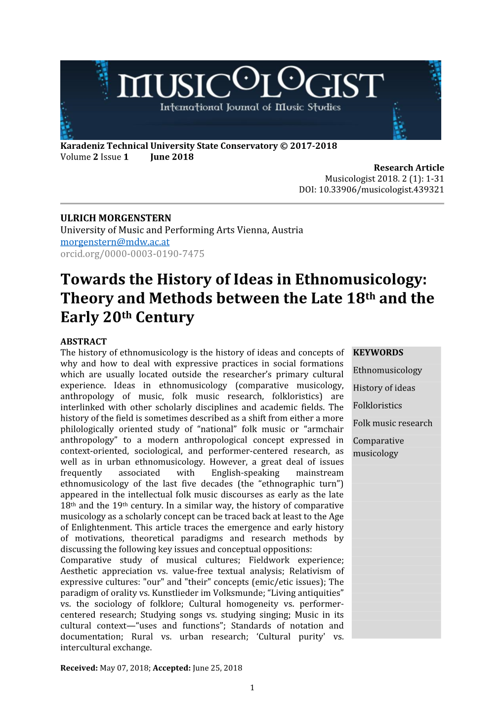 Towards the History of Ideas in Ethnomusicology: Theory and Methods Between the Late 18Th and the Early 20Th Century