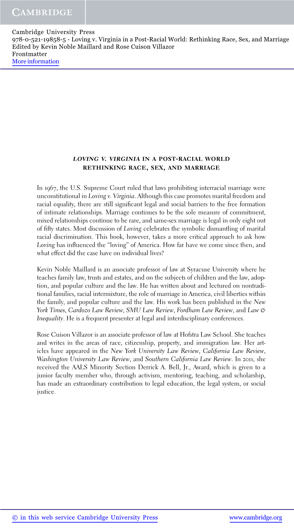 Loving V. Virginia in a Post-Racial World Rethinking Race, Sex, and Marriage