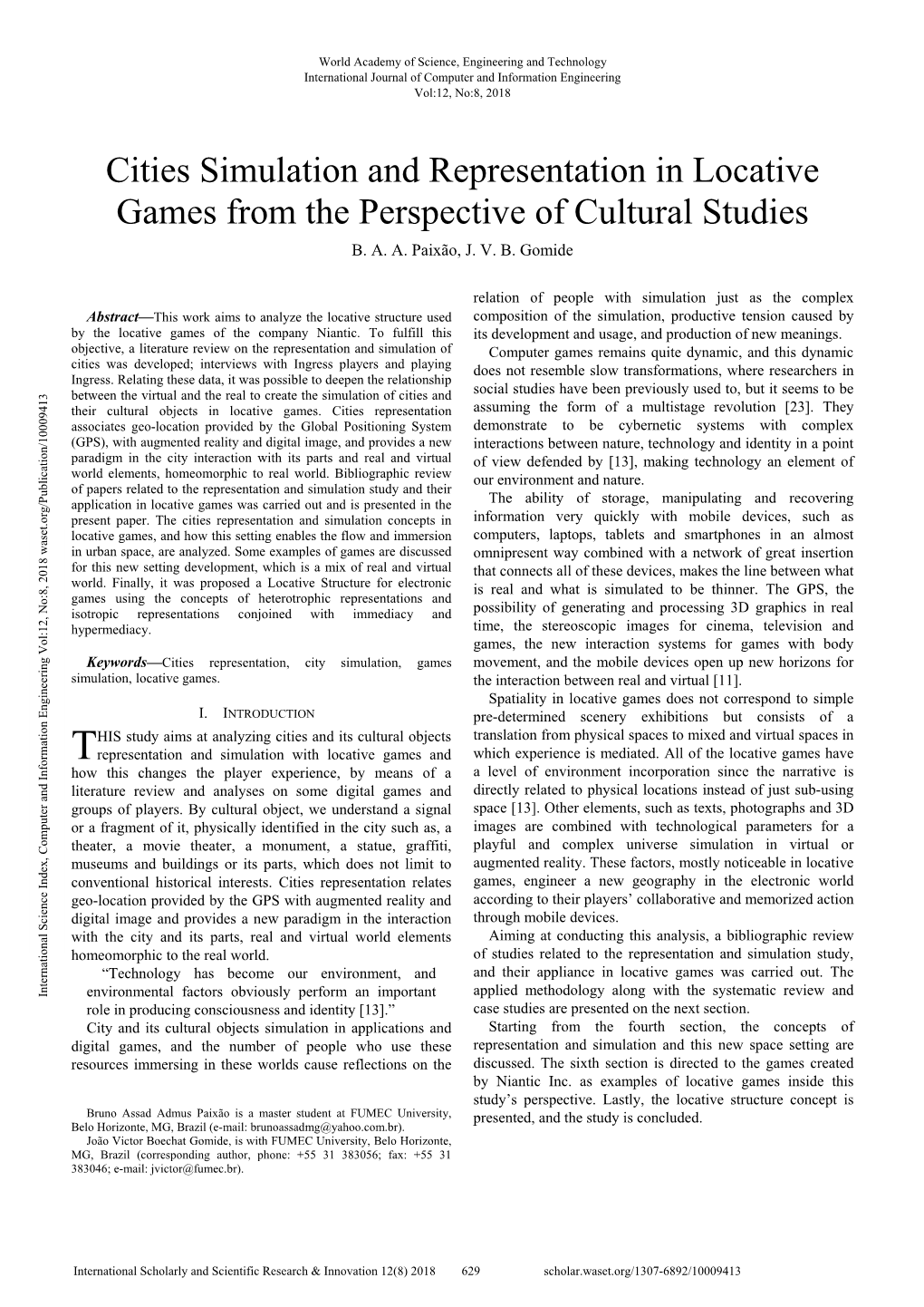 Cities Simulation and Representation in Locative Games from the Perspective of Cultural Studies B