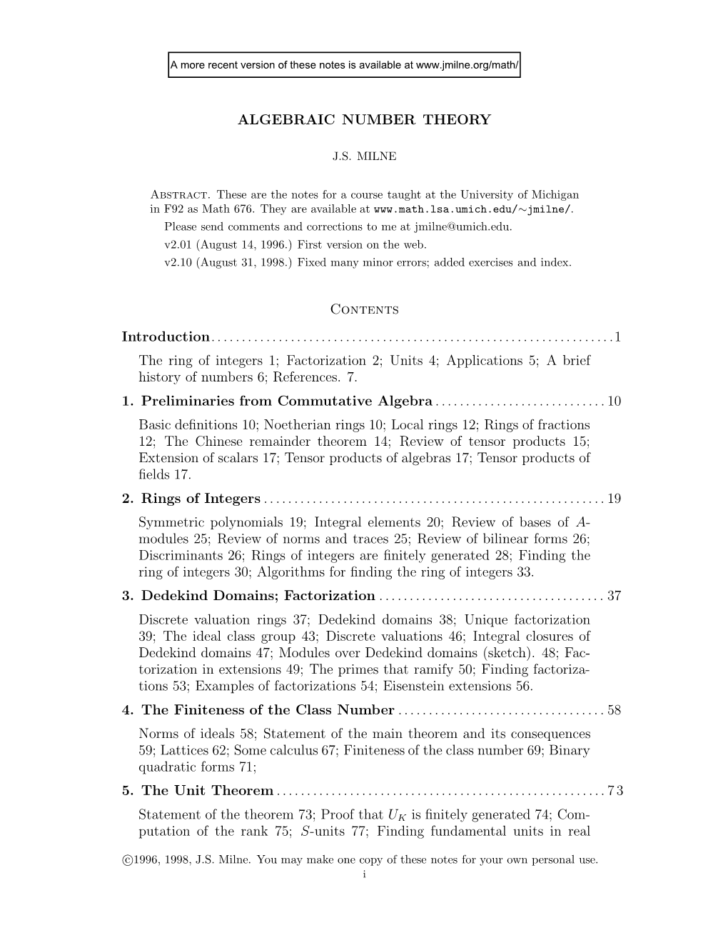 ALGEBRAIC NUMBER THEORY Contents Introduction