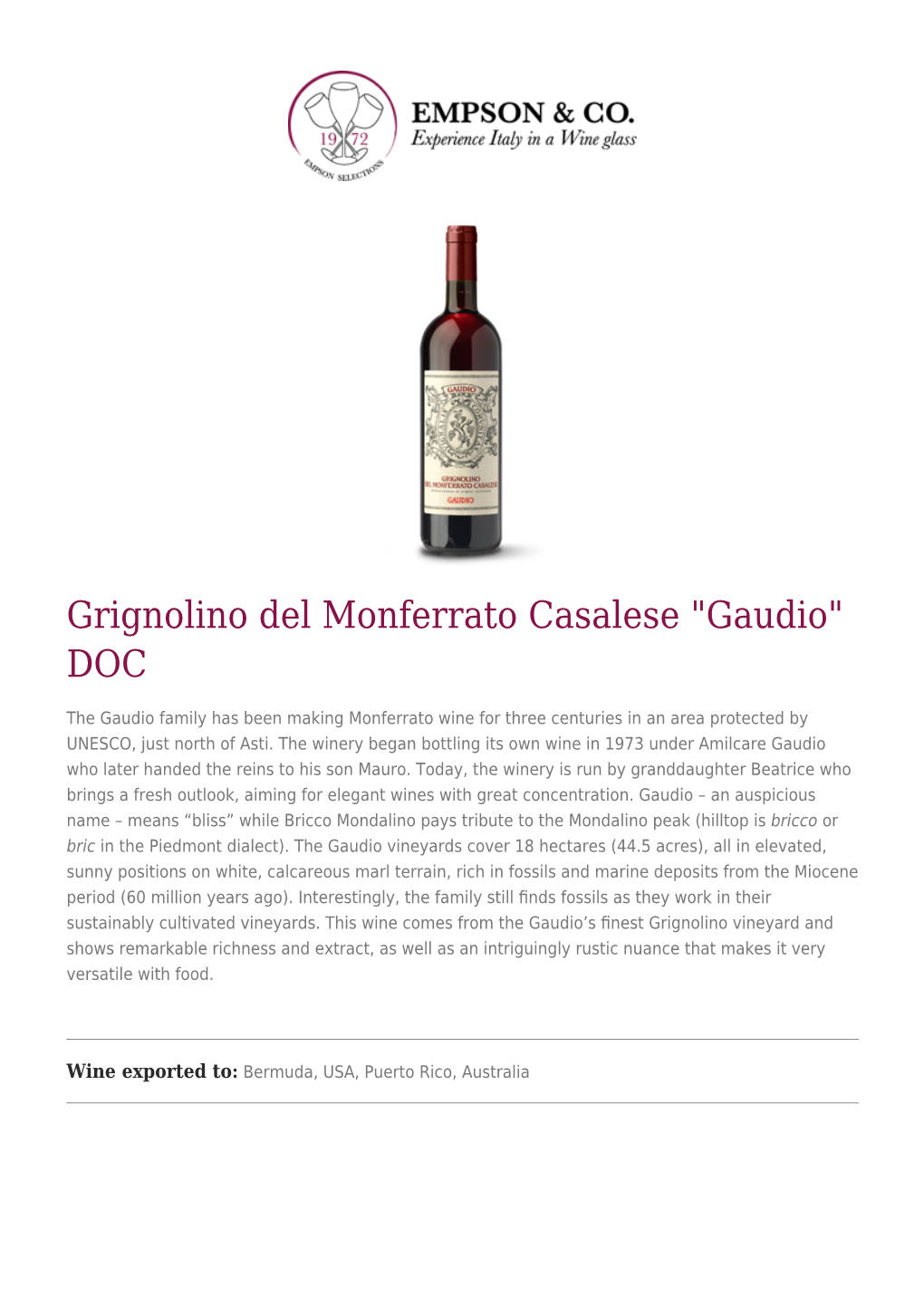 Grignolino Del Monferrato Casalese "Gaudio" DOC