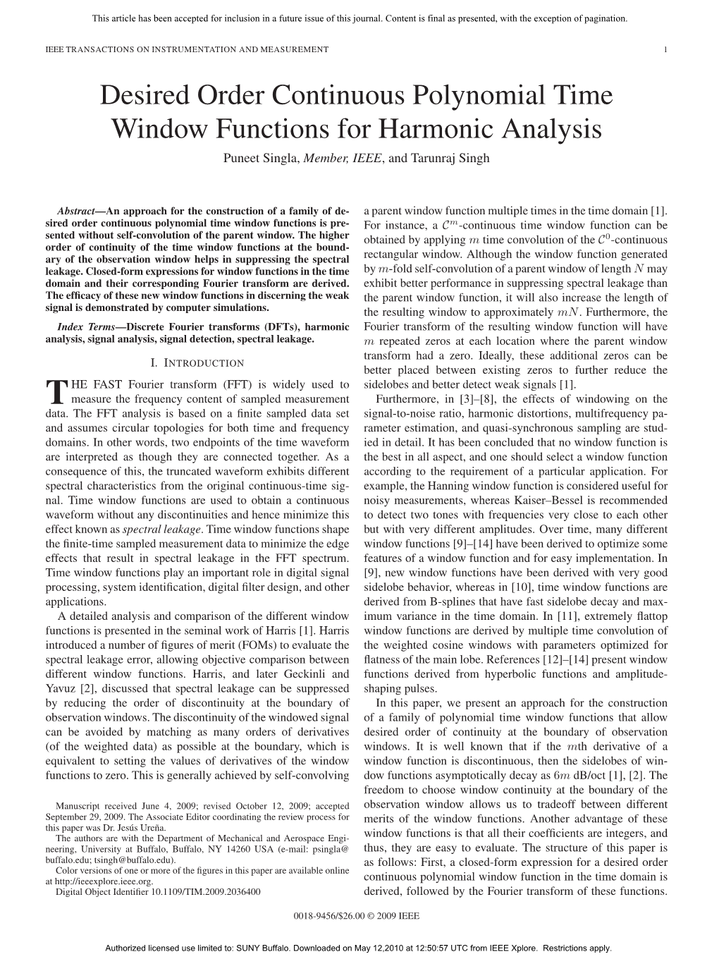 Desired Order Continuous Polynomial Time Window Functions for Harmonic Analysis Puneet Singla, Member, IEEE, and Tarunraj Singh