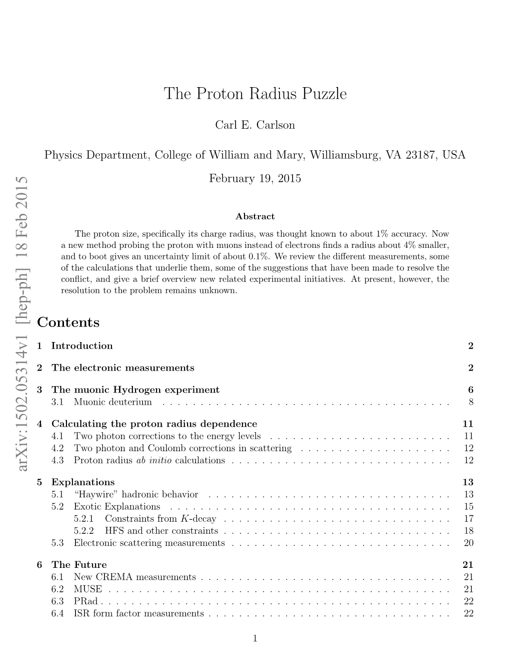 The Proton Radius Puzzle Arxiv:1502.05314V1 [Hep-Ph]