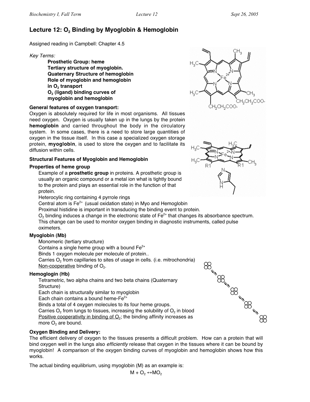 Lecture 12: O2 Binding by Myoglobin & Hemoglobin