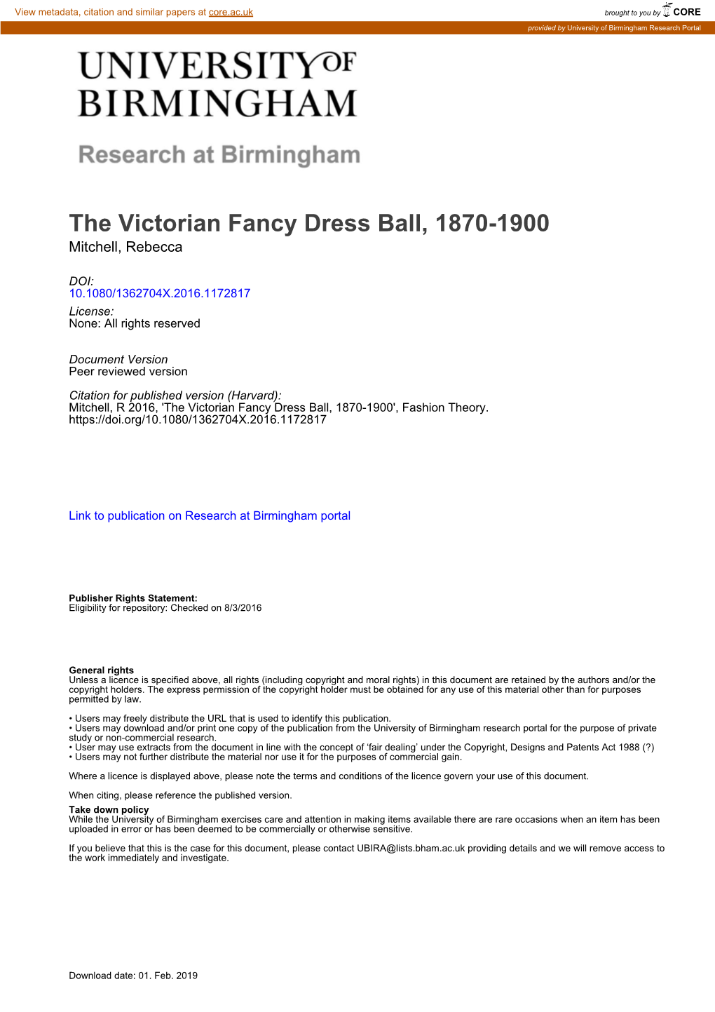 The Victorian Fancy Dress Ball, 1870-1900 Mitchell, Rebecca