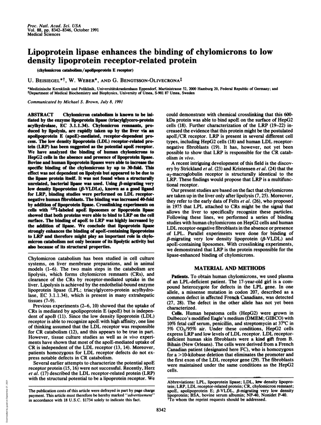 Lipoprotein Lipase Enhances the Binding of Chylomicrons to Low Density Lipoprotein Receptor-Related Protein (Chylonicron Catabolsm/Apolpoprotein E Receptor) U