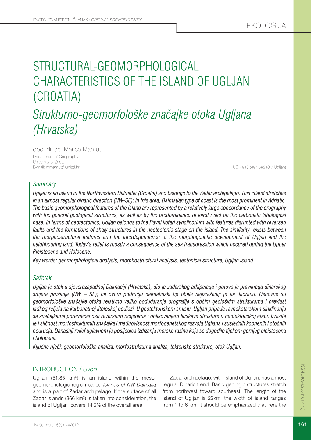 (CROATIA) Strukturno-Geomorfološke Značajke Otoka Ugljana (Hrvatska) Doc
