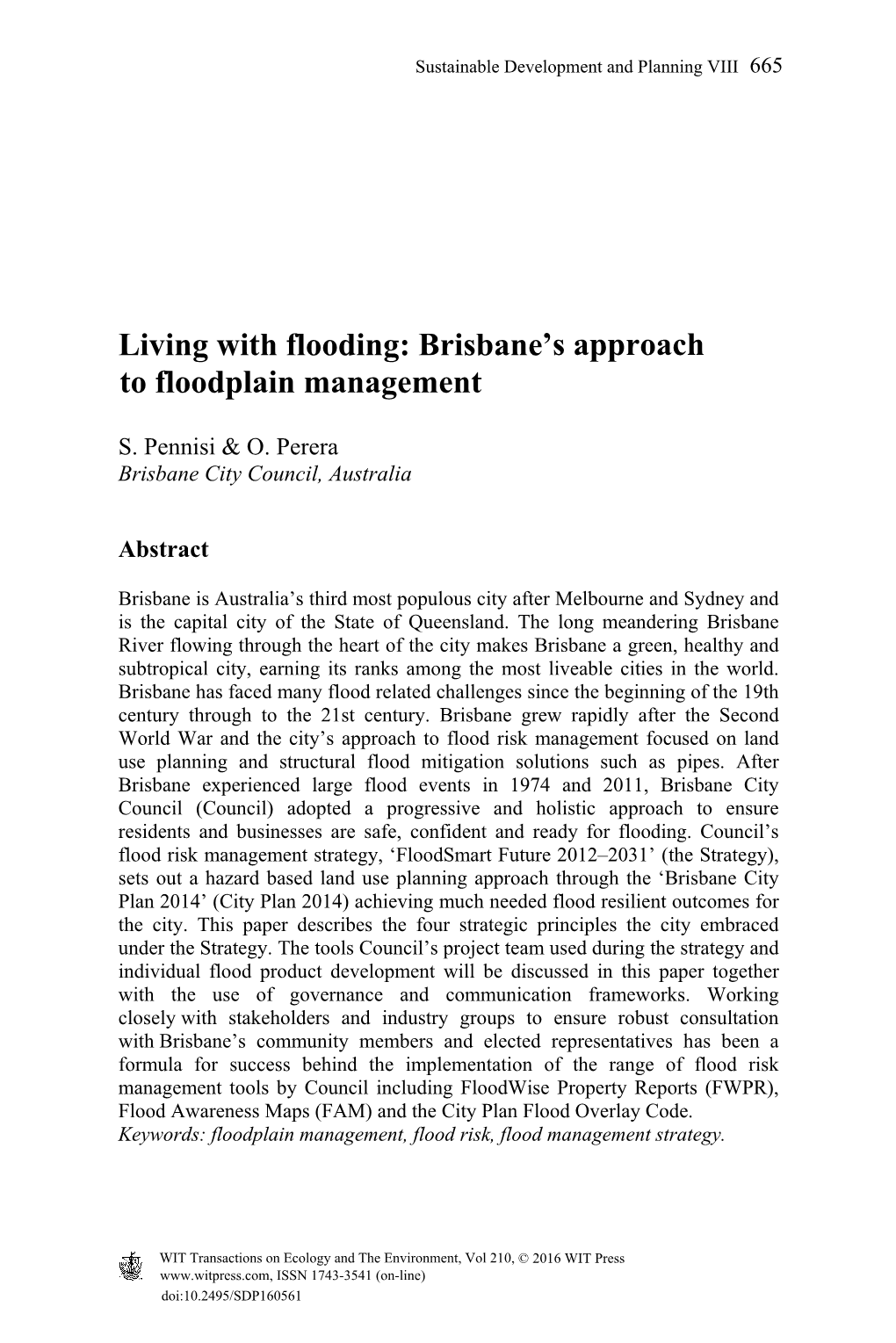 Living with Flooding: Brisbane 'S Approach to Floodplain Management