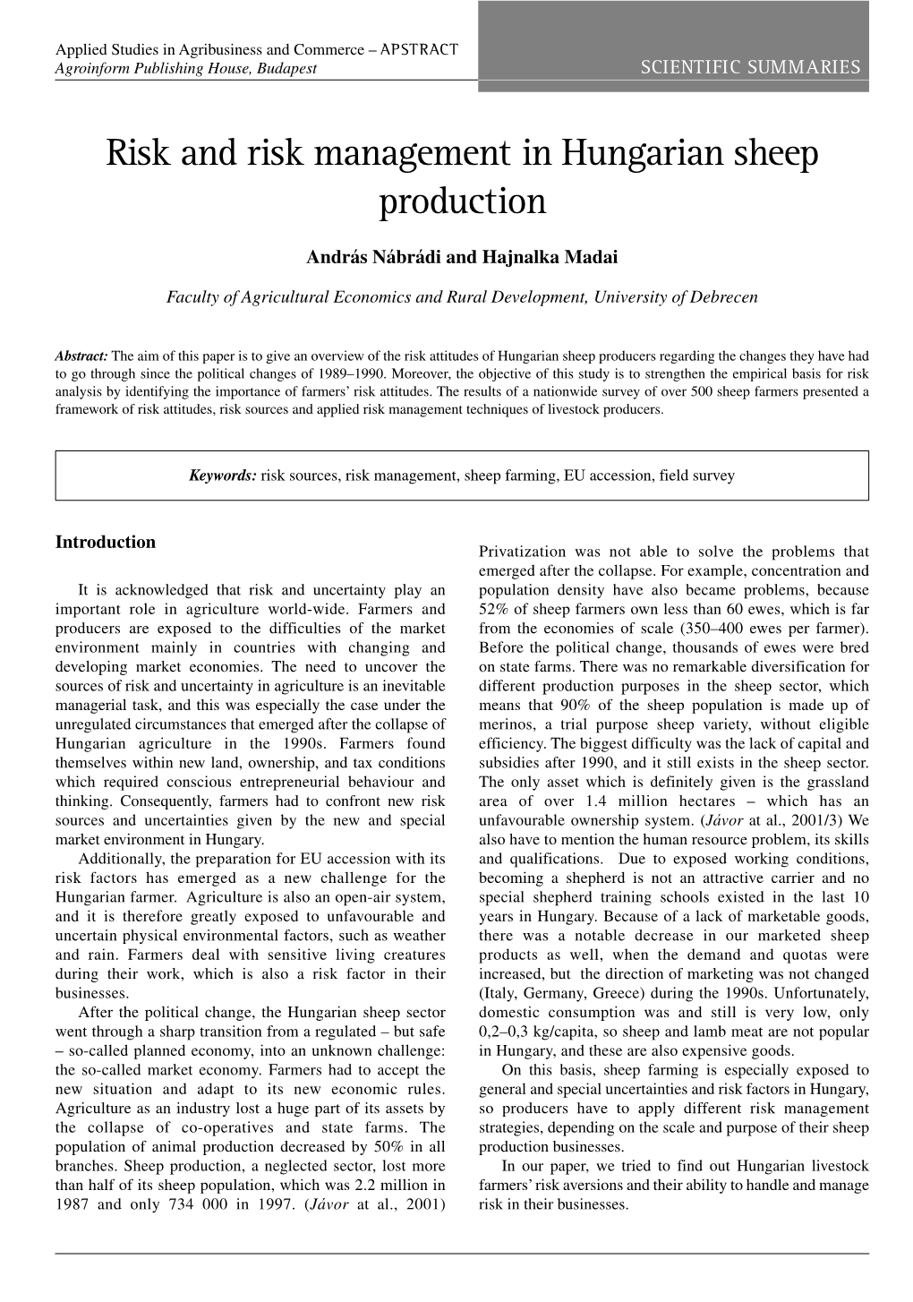 Risk and Risk Management in Hungarian Sheep Production