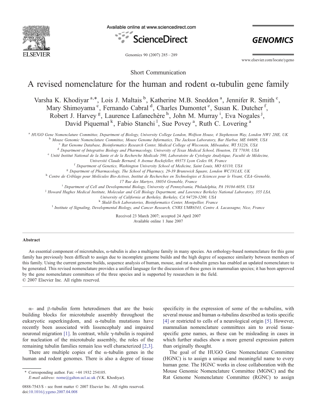 A Revised Nomenclature for the Human and Rodent Α-Tubulin Gene Family ⁎ Varsha K