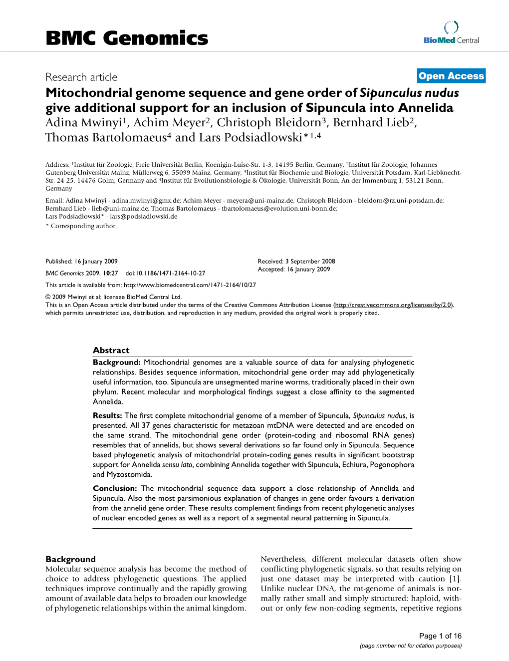 Mitochondrial Genome Sequence and Gene Order of Sipunculus Nudus