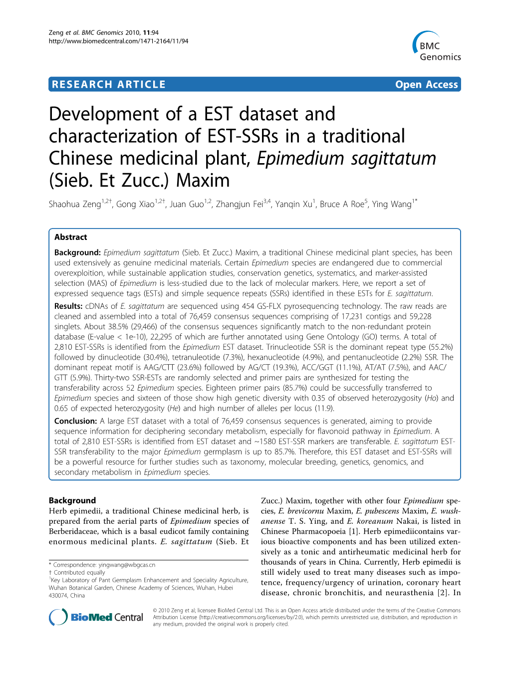 Development of a EST Dataset and Characterization of EST-Ssrs in a Traditional Chinese Medicinal Plant, Epimedium Sagittatum (Sieb