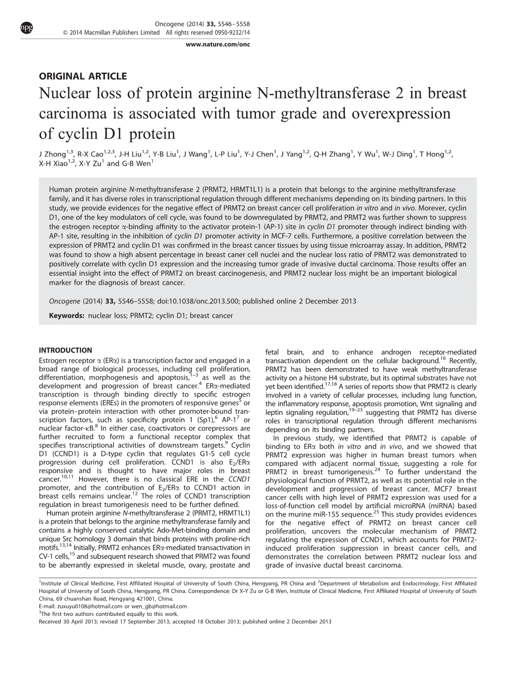 Nuclear Loss of Protein Arginine N-Methyltransferase 2 in Breast Carcinoma Is Associated with Tumor Grade and Overexpression of Cyclin D1 Protein