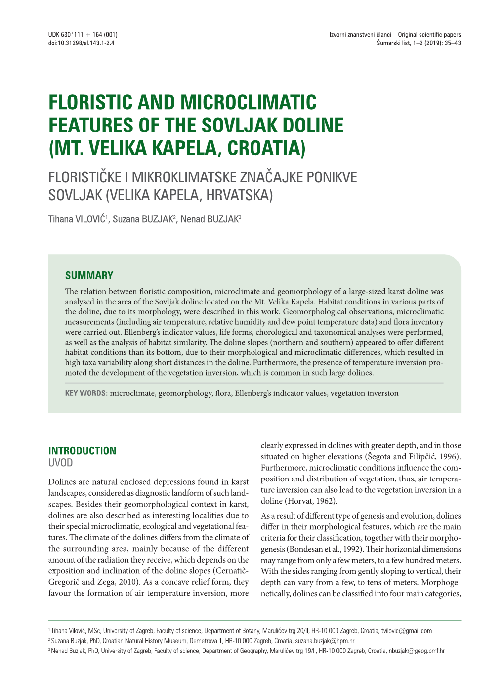 Floristic and Microclimatic Features of the Sovljak Doline (Mt. Velika Kapela, Croatia)