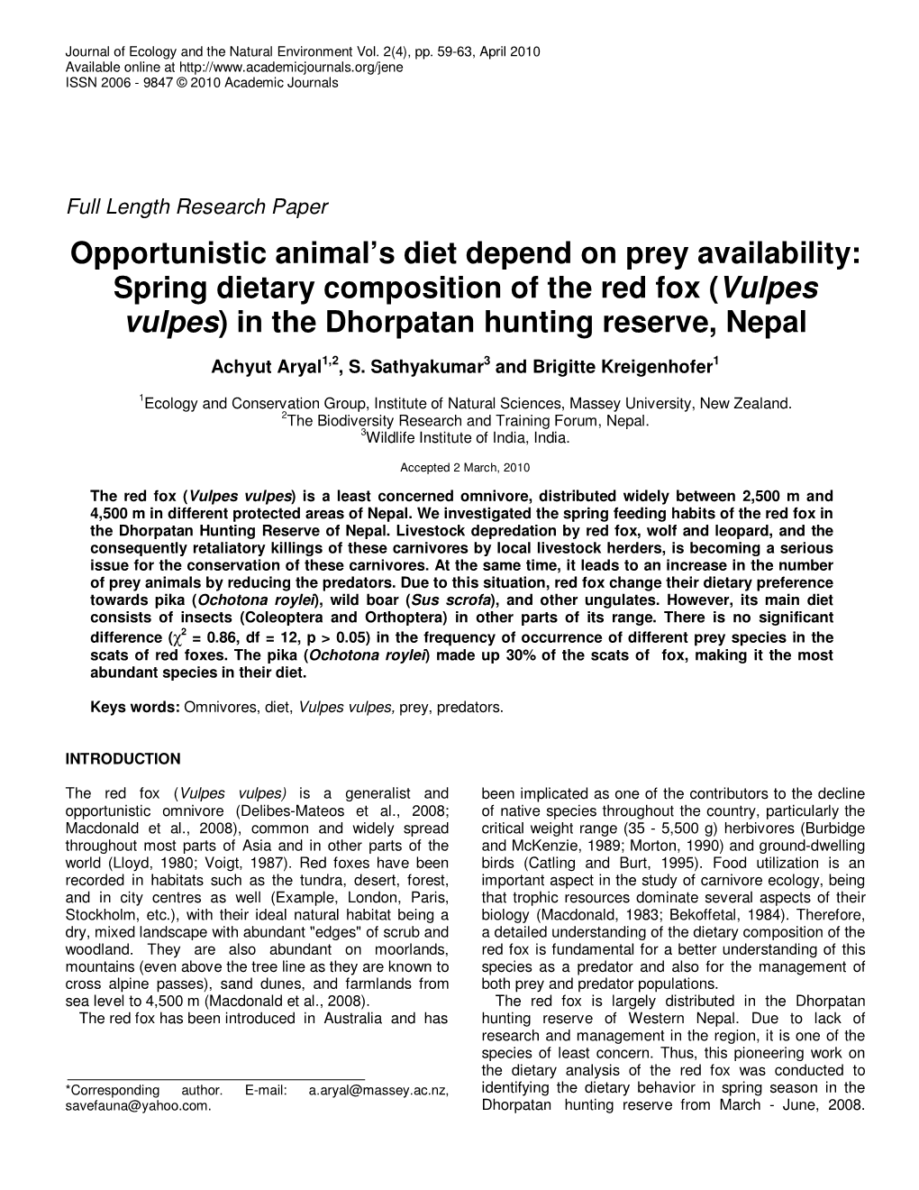 Spring Dietary Composition of the Red Fox (Vulpes Vulpes)