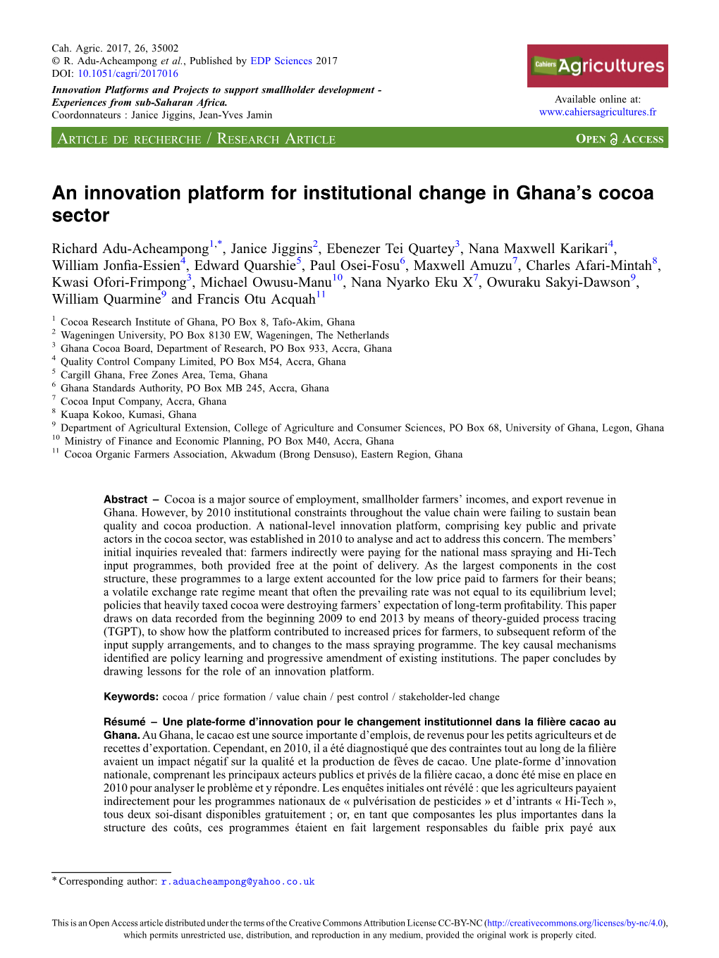 An Innovation Platform for Institutional Change in Ghana's Cocoa Sector