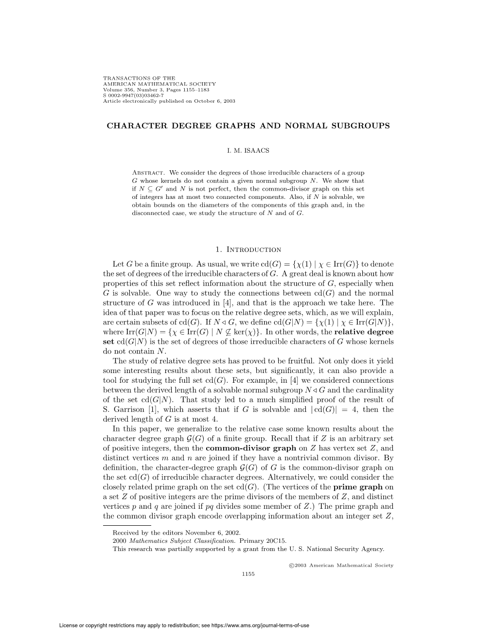 Character Degree Graphs and Normal Subgroups 1157