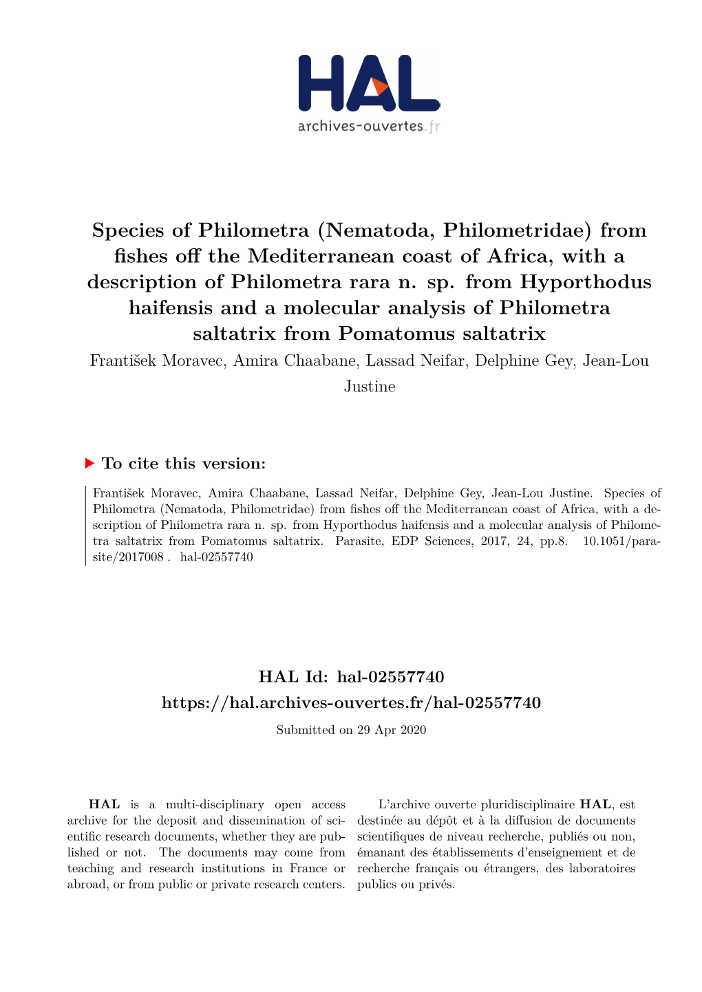 Species of Philometra (Nematoda, Philometridae) from Fishes Off the Mediterranean Coast of Africa, Witha Description of Philometra Rara N