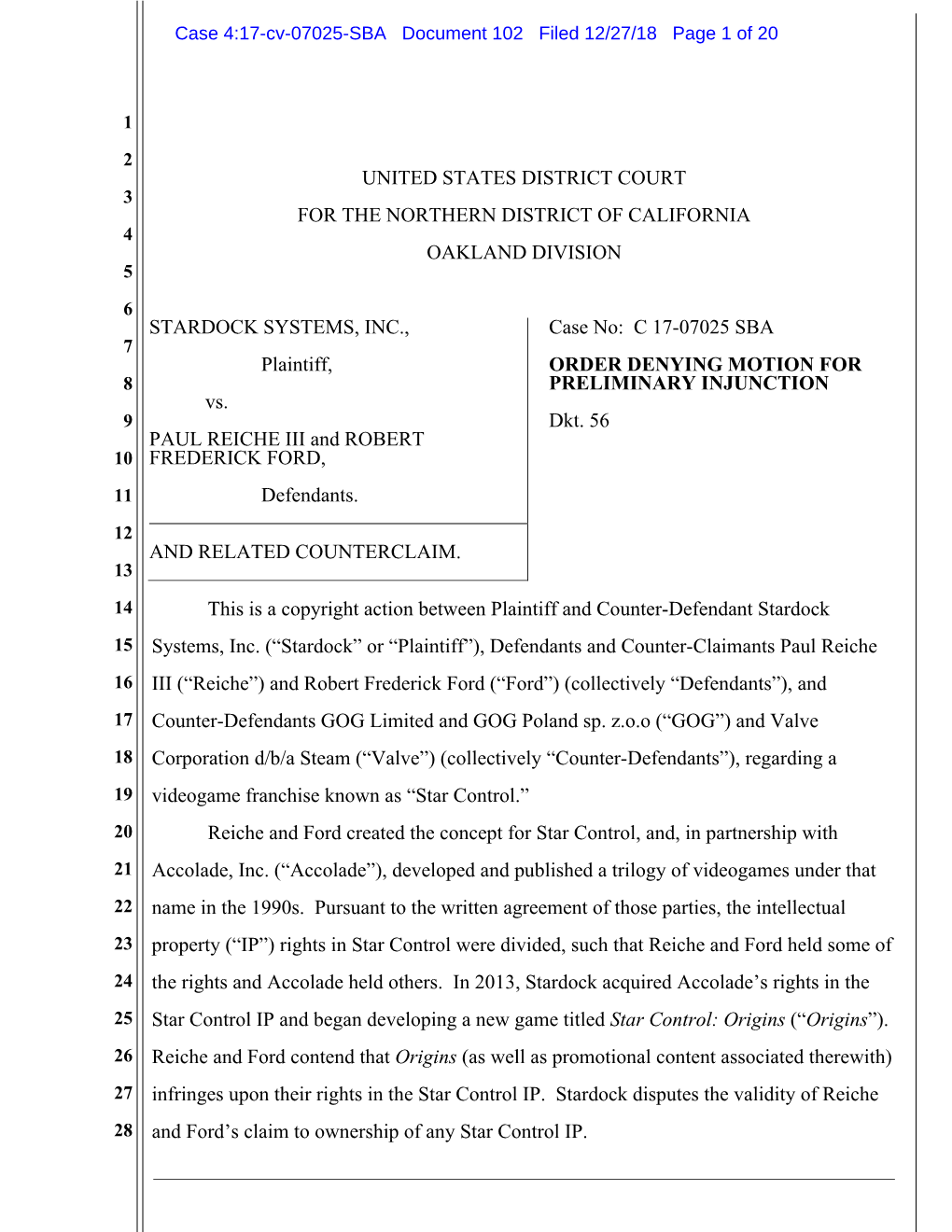 Case 4:17-Cv-07025-SBA Document 102 Filed 12/27/18 Page 1 of 20