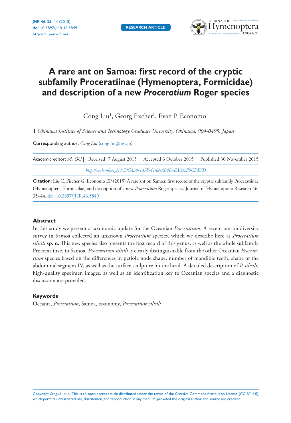 Hymenoptera, Formicidae) and Description of a New Proceratium Roger Species