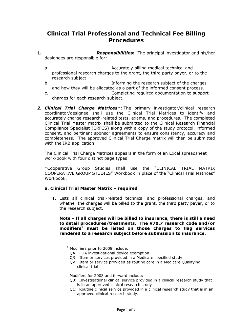 Clinical Trial Professional And Technical Fee Billing Procedures