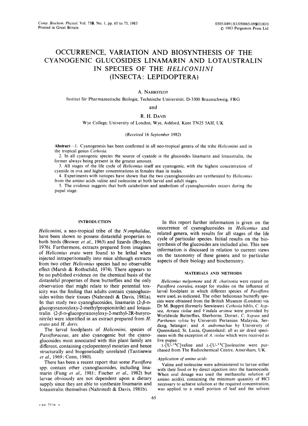 Occurrence, Variation and Biosynthesis of the Cyanogenic Glucosides Linamarin and Lotaustralin in Species of the Heliconiini (Insecta: Lepidoptera)